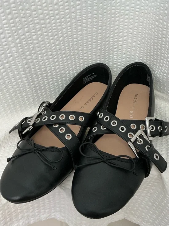 Madden Girl Black Grommet Strap Ballet Flats - Picture 1 of 6